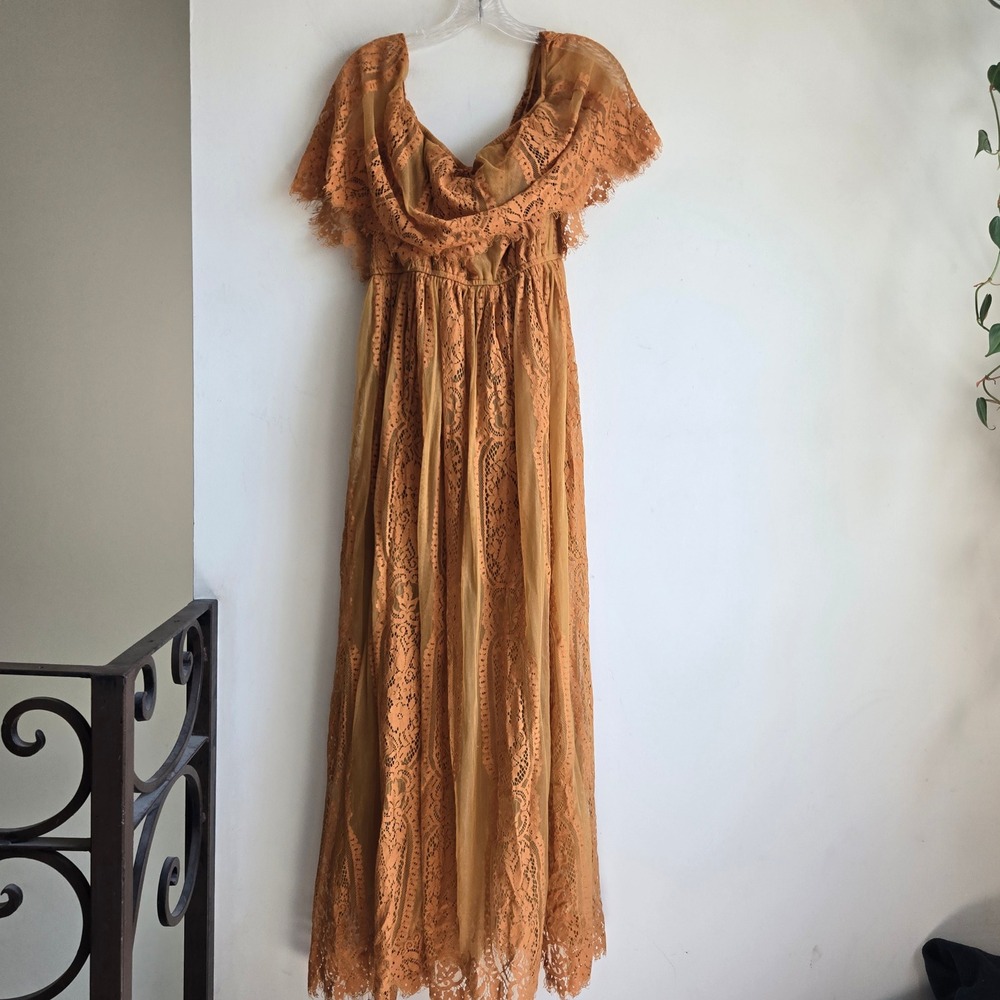 Baltic Born XL Maxi Dress Women Gold Excellent Lace Overlay Flutter Sleeve Boho - Picture 8 of 9
